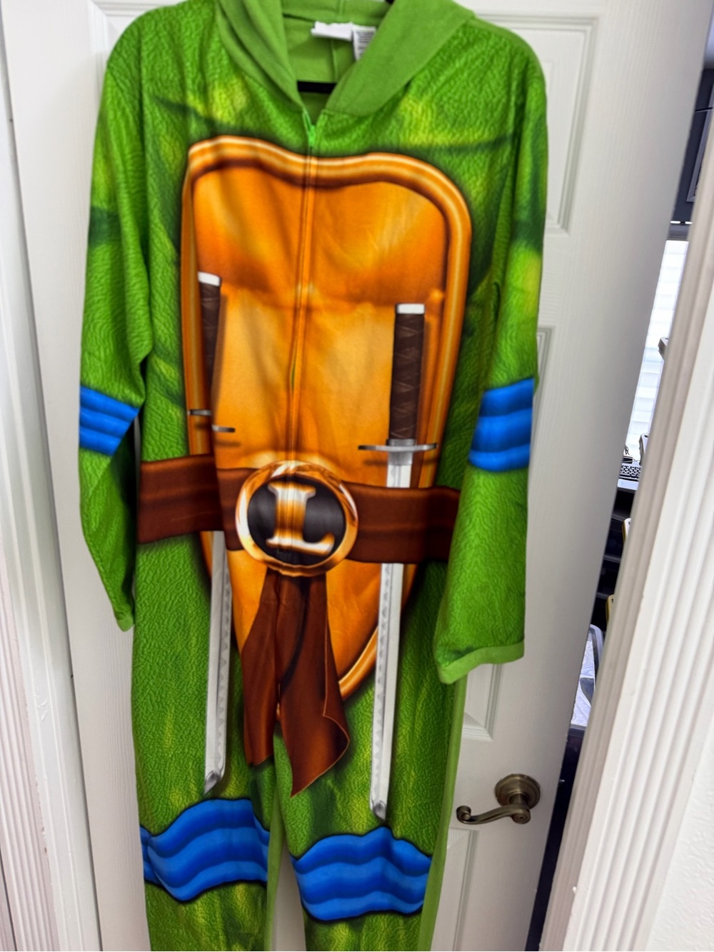 Green Ninja Turtle Mens Hoodie with Blue Mask and Shell Print Adult Onesies